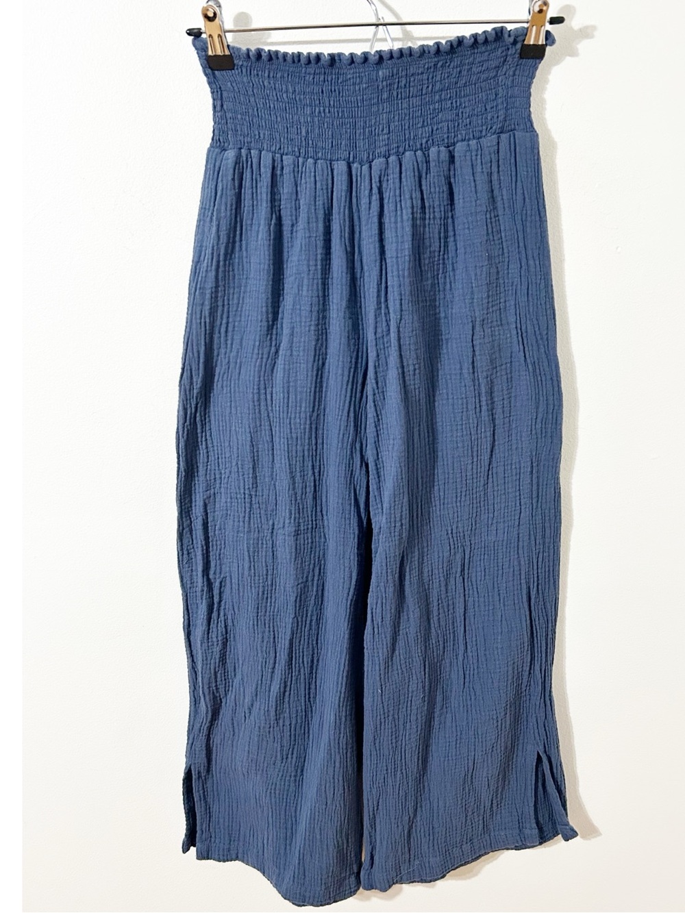 Just USA Blue Double Gauze Cotton Wide-Leg Pants Smocked Waist Side Slits Small